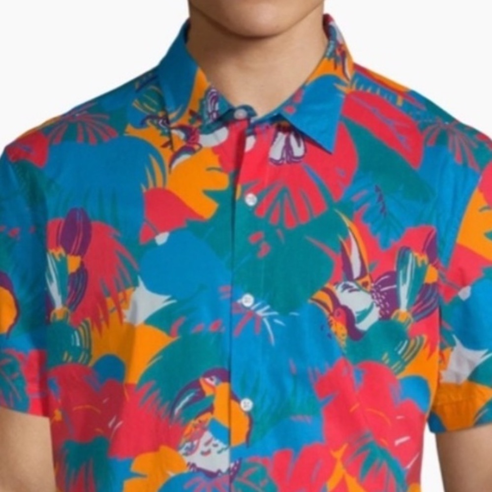 BONOBOS Coral Toucan Tropics Riviera Short Sleeve Button Down Shirt Blue Size M - Picture 3 of 11